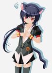  animal_ears black_hair black_legwear black_thighhighs cat_ears cat_tail dog_days flat_chest noir_vinocacao open_clothes open_shirt ponytail red_eyes shirt skirt solo tail thighhighs undressing 