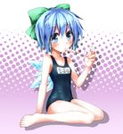  bad_id bad_pixiv_id banned_artist barefoot blue_eyes blue_hair bow child cirno collarbone food hair_bow halftone name_tag one-piece_swimsuit popsicle school_swimsuit short_hair sitting solo swimsuit toshizaki_shouma touhou wariza wings 