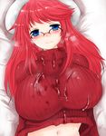  1girl aftersex aty bed blue_eyes breasts character_request cum cum_on_clothes female glasses han64 han_(jackpot) hat huge_breasts long_hair lying navel odor red_hair smell smile solo stain steam summon_night summon_night_3 sweater upper_body 