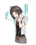  :3 antenna_hair blush brown_hair camisole closed_eyes embarrassed hand_on_own_neck hood hoodie idolmaster idolmaster_(classic) idolmaster_2 kikuchi_makoto kisugi_akira short_hair smile solo translated 