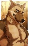  abstract_background aluminemsiren anthro biceps blue_eyes bust canine dog fur german_shepherd grin male mammal nipples pan solo topless 