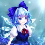  blue blue_eyes blue_hair blush bow cirno dress fang hair_bow ice open_mouth puffy_sleeves ribbon setsu short_hair smile solo sparkle touhou upper_body wings 