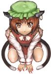  :3 animal_ears arugeri bow brown_eyes brown_hair cat_ears cat_tail chen earrings face fingernails from_above hat jewelry long_fingernails looking_at_viewer multiple_tails nail_polish short_hair simple_background smile solo squatting tail touhou 