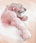  canine chromatic_background fangs fist male mammal monochrome pink_theme solo tathi topless wolf 