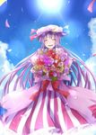  blush bow closed_eyes cloud crescent dress flower hair_bow hat long_hair open_mouth patchouli_knowledge purple_hair ram_hachimin rose sky smile solo sun touhou very_long_hair 