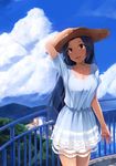  :d absurdres belt blue_hair blush breasts building cleavage cloud day dress hand_on_headwear hat highres idolmaster idolmaster_(classic) jewelry long_hair medium_breasts miura_azusa mountain necklace open_mouth outdoors pink_eyes red_eyes shadow skirt sky smile solo straw_hat sun_hat sundress white_skirt yuki_usagi_(mofurafu) 