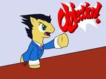  ace_attorney black_hair brown_fur clothed clothing dialog dialogue english_text equine friendship_is_magic fur furrification green_eyes hair hasbro horse lawyer male mammal my_little_pony objection objection! open_mouth parody phoenix_wright ponification pony signature solo text unknown_artist video_games 