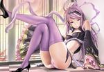  arm_support bare_shoulders checkered checkered_floor chinese_clothes detached_sleeves earrings facial_mark hair_ornament high_heels jewelry kananpuu midriff mogmog panties ponytail purple_eyes purple_hair purple_legwear sangokushi_taisen shoes sitting solo thighhighs trefoil underwear 