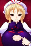  blonde_hair blush breasts dress female han64 han_(jackpot) hat heart huge_breasts pixiv_manga_sample red_eyes short_hair simple_background smile solo touhou upper_body yakumo_yukari 