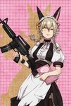  alternate_costume amane_suzuha animal_ears assault_rifle braid grey_hair gun kokutan_kitsunen long_hair m4_carbine maid maid_headdress one_eye_closed rifle solo steins;gate torn_clothes twin_braids weapon wrist_cuffs yellow_eyes 