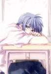  blue_eyes blue_hair clannad desk hikarizaka_private_high_school_uniform ikuhashi_muiko male_focus okazaki_tomoya school_uniform smile solo 