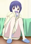  blue_hair bottomless cup drinking kamisama_dolls kuga_utao long_legs pajamas panties pantyshot purple_eyes ribonzu short_hair slippers solo underwear white_panties 