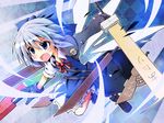  advent_cirno blue_eyes blue_hair bow cirno dress food fusion_swords gloves hair_bow keroro keroro_gunsou open_mouth popsicle short_hair solo sword touhou watermelon_bar weapon wings yuuhi_alpha 