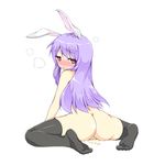 after_sex animal_ears ass black_legwear blush bunny_ears cum cum_in_pussy drooling fat_mons hatsunatsu highres long_hair looking_back nude purple_hair pussy red_eyes reisen_udongein_inaba sitting solo thighhighs touhou 
