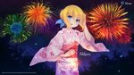  aizawa_hikaru blonde_hair blue_hair blush fireworks floral_print highres japanese_clothes kimono microsoft night official_art open_mouth pink_kimono silverlight solo yukata 