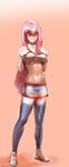  blush bow_(bhp) breasts highres large_breasts long_hair navel original pink_eyes pink_hair shoes smile sneakers solo thighhighs underboob 