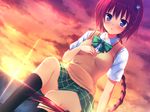  black_legwear blue_eyes blush braid hair_ornament kurosaki_mea long_hair open_mouth red_hair rennkuu school_uniform sitting skirt solo sun sunset sweater_vest to_love-ru to_love-ru_darkness very_long_hair 