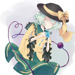  bad_id bad_pixiv_id blue_flower blue_rose blush closed_eyes eyeball flower green_hair hat heart komeiji_koishi rose short_hair silver_hair skirt solo sun_hat third_eye touhou upper_body weast 