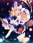  blonde_hair book braid broom broom_riding flying hand_on_headwear hat kirisame_marisa long_hair night open_mouth shinia shirt skirt skirt_set smile solo star star_(sky) touhou witch witch_hat 