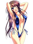  armpits arms_behind_head arms_up bad_id bad_pixiv_id bikini blue_eyes blush breasts brown_hair cleavage happy highres large_breasts long_hair navel one_eye_closed open_mouth original sazanami_(artist) side-tie_bikini slingshot_swimsuit smile solo swimsuit thighs 