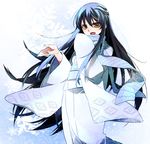  ai_(warekaku) black_hair japanese_clothes kimono long_hair long_sleeves multicolored_hair nurarihyon_no_mago ringed_eyes scarf snowflakes solo yellow_eyes yuki_onna_(nurarihyon_no_mago) 