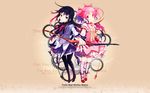  akemi_homura arrow black_hair boots bow_(weapon) copyright_name english gears hair_ribbon hairband hanokage highres holding_hands kaname_madoka kneehighs long_hair magical_girl mahou_shoujo_madoka_magica multiple_girls official_art pantyhose pink_eyes pink_hair purple_eyes ribbon serious shoes short_hair smile source_request symmetry thigh_boots thighhighs wallpaper weapon 