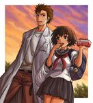  1girl bag facial_hair food gig99 hand_in_pocket highres labcoat okabe_rintarou school_uniform serafuku shiina_mayuri short_hair steins;gate stubble sunset twilight 