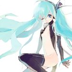  bad_id bad_pixiv_id blue_eyes blue_hair drawr elbow_gloves gloves hand_on_own_chest hatsune_miku long_hair midriff navel no_panties oekaki ohiam one_eye_closed solo thighhighs twintails vocaloid 