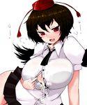  aftersex black_hair blush bra breasts brown_hair cum cum_dump cum_in_clothes cum_on_body cum_on_breasts cum_on_clothes cum_on_upper_body cumdrip han64 han_(jackpot) hat huge_breasts lingerie lying odor on_side open_clothes open_mouth red_eyes shameimaru_aya skirt smell solo stain sweat tokin_hat touhou underwear wings 