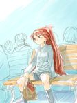  bad_id bad_pixiv_id bag bench dareruraito fang highres mahou_shoujo_madoka_magica ponytail red_hair sakura_kyouko sitting solo_focus 