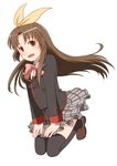  black_legwear blush bow brown_eyes brown_hair crossdressing hair_ornament little_busters! long_hair long_sleeves male_focus misumi_kouji naoe_riki open_mouth otoko_no_ko pink_bow plaid plaid_skirt school_uniform skirt solo thighhighs very_long_hair white_background 