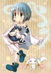  :3 arm_garter blue_eyes blue_hair blush boots breasts cape collarbone detached_sleeves frills gloves hair_ornament hairclip hiyopuko kyubey magical_girl mahou_shoujo_madoka_magica miki_sayaka pleated_skirt red_eyes ribbon short_hair skirt small_breasts smile standing standing_on_one_leg star striped striped_background thighhighs vertical-striped_background vertical_stripes white_gloves white_legwear zettai_ryouiki 