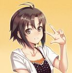  antenna_hair brown_eyes brown_hair hood hoodie idolmaster idolmaster_(classic) idolmaster_2 kikuchi_makoto kisugi_akira short_hair smile solo v 