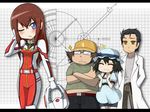  2girls ^_^ baseball_cap black_hair blue_eyes blush brown_hair christina_mackenzie christina_mackenzie_(cosplay) closed_eyes cosplay glasses gundam gundam_0080 hands_in_pockets hashida_itaru hat highres labcoat letterboxed long_hair makise_kurisu multiple_boys multiple_girls namesake netachou okabe_rintarou one_eye_closed pilot_suit shiina_mayuri short_hair steins;gate thumbs_up yellow_eyes 