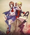  1girl ascot blonde_hair blue_eyes blue_legwear book boots brown_hair capelet castlevania castlevania:_portrait_of_ruin charlotte_aulin genderswap jonathan_morris loafers long_hair shoes short_hair shorts socks whip 