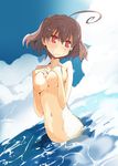 ahoge bad_id bad_pixiv_id blush breasts brown_hair covering covering_breasts dutch_angle face frown huge_ahoge large_breasts navel nude ocean original red_eyes short_hair solo sukima_(crie) tears wading water wavy_mouth 