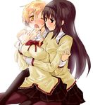  akemi_homura black_eyes black_hair black_legwear blonde_hair blush brown_legwear drill_hair finger_in_mouth hairband hug hug_from_behind long_hair mahou_shoujo_madoka_magica multiple_girls myama one_eye_closed open_mouth pantyhose revision saliva school_uniform simple_background tomoe_mami twin_drills twintails yellow_eyes yuri 