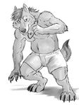  chubby clothing collar greyscale hair male mammal monochrome overweight plain_background shorts solo tathi topless white_background wolf 