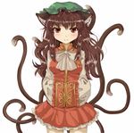  adapted_costume alternate_hair_length alternate_hairstyle animal_ears blush bow breasts brown_hair cat_ears cat_tail chen chinese_clothes fangs hands_in_opposite_sleeves hasetomo hat jewelry long_hair medium_breasts multiple_tails older red_eyes simple_background single_earring slit_pupils solo tail touhou 