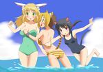  3girls animal_ears ass bare_shoulders bikini black_hair blonde_hair blush braid breasts bunny_ears cat_ears cat_tail cleavage cloud clouds dog_days flower green_eyes hair_flower hair_ornament jaune_clafoutis long_hair multicolored_hair multiple_girls noir_vinocacao ocean one-piece_swimsuit open_mouth ponytail red_eyes school_swimsuit sideboob sky swimsuit tail tripping two-tone_hair two-toned_hair vert_farbreton water 