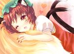  animal_ears bad_id bad_pixiv_id brown_eyes brown_hair cat_ears cat_tail chen earrings fang fingernails fox_tail hat heart jewelry long_fingernails lying mia_(2monyo) multiple_girls multiple_tails one_eye_closed short_hair single_earring tail touhou yakumo_ran 