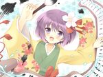  :d blush brush calligraphy_brush floral_print flower hair_flower hair_ornament hieda_no_akyuu japanese_clothes kimono komi_zumiko open_mouth outstretched_arms paintbrush purple_eyes purple_hair scroll short_hair smile solo spread_arms touhou upper_body 