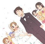  &gt;_&lt; 5girls aioi_yuuko bad_id bad_pixiv_id blush bridal_veil bride brown_eyes brown_hair camcorder closed_eyes confetti couple dress dutch_angle glasses good_end groom hair_cubes hair_ornament hetero highres husband_and_wife long_hair minakami_mai multiple_girls naganohara_mio nichijou open_mouth sakurai_izumi shinonome_nano short_hair simple_background takasaki_manabu tw2ko veil wavy_mouth wedding wedding_dress white_background 