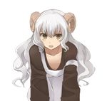  apron brown_hair downblouse horns leaning_forward long_hair monorino navel open_mouth original sheep_horns simple_background solo white_background white_hair 