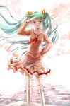  aqua_eyes aqua_hair aya_(aibou1725) bad_id bad_pixiv_id hair_ribbon hand_on_hip hatsune_miku highres kneehighs long_hair ribbon skirt solo twintails very_long_hair vocaloid 