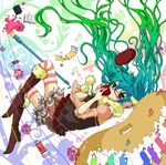  apple bespectacled boots food fruit glasses gradient_hair green_eyes green_hair hatsune_miku high_heels highres knee_boots legs long_hair multicolored_hair paint palette sakuranbotoko shoes skirt solo striped striped_legwear thighhighs twintails very_long_hair vocaloid 