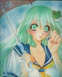  aqua_eyes aqua_hair bad_id bad_pixiv_id contemporary frog hands kochiya_sanae marker_(medium) millipen_(medium) mitsuba_(threeleaf) nail_polish pastel_(medium) school_uniform serafuku snake solo touhou traditional_media umbrella 