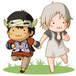  1girl :3 bad_id bad_pixiv_id bandages barefoot chibi holding_hands horns ico ico_(character) nyoro~n short_hair toriny yorda 