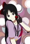  akiyama_mio black_eyes black_hair casual donald food fruit gloves holding holding_food holding_fruit k-on! listen!! long_hair solo strawberry 