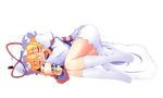  blonde_hair bottle closed_eyes dress full_body hat highres legs ribbon sleeping socks solo touhou transparent_background yakumo_yukari yashiro_(sakananohone) 